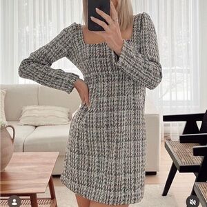 Essentials Black and White Tweed Long Sleeve Dress